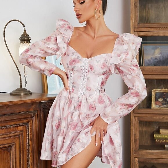 . Dresses & Skirts - Pink Boho Womens Floral Print Sweetheart Neck Ruffle Trim Dress